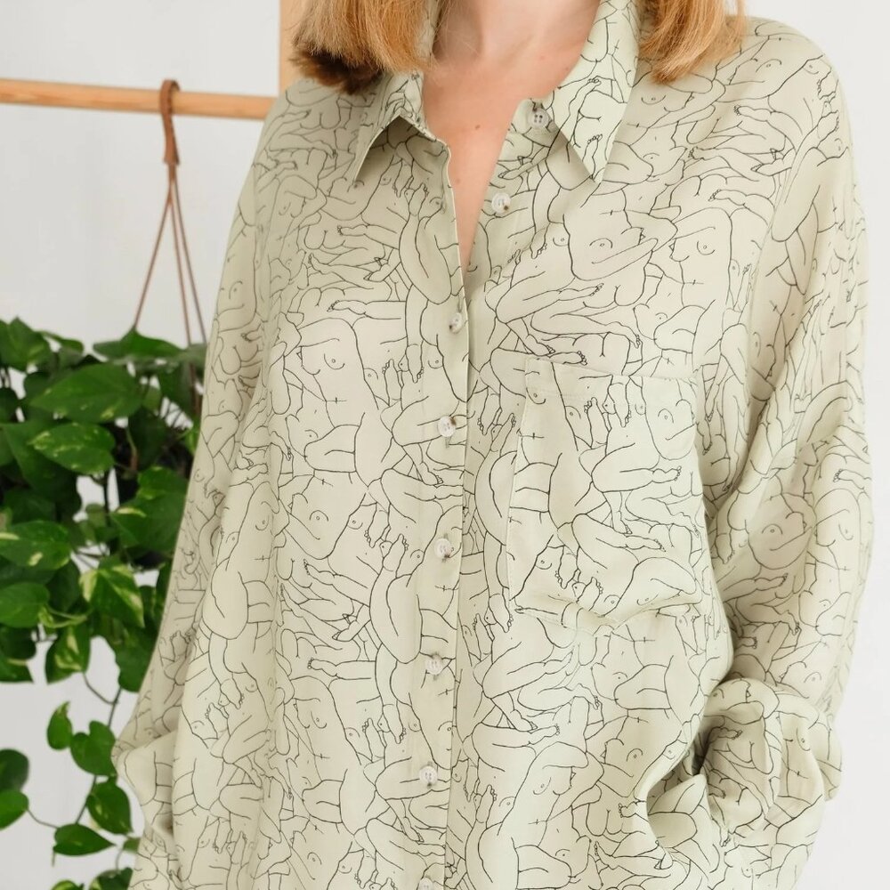 OhSevenDays Monday Marwa Sage: Illustrated Vegan Silk Boxy Blouse